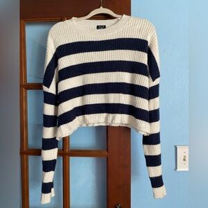 FCT Women's Navy and Cream Striped Cropped Sweater